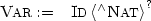 \[
\begin{array}[t]{rl}
\textsc{Var} := &  \textsc{Id}\left< {{}^{\wedge}\textsc{Nat}}\right>^? \medskip \\
\end{array}
\]